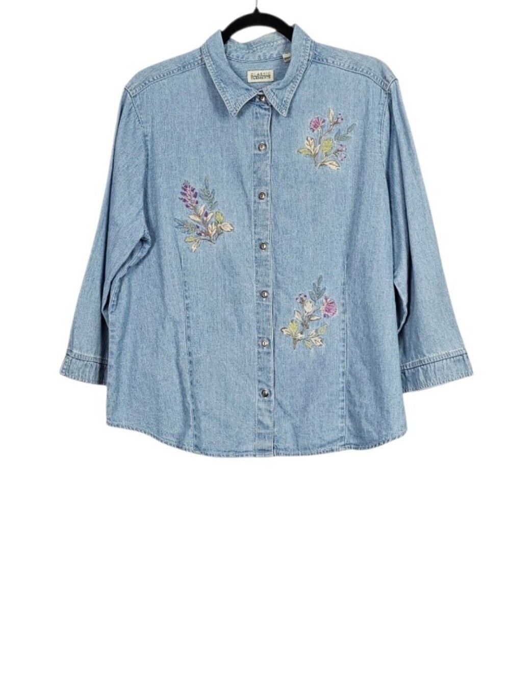 Classic Elements Vintage Denim Embroidered Floral Cotton Button Down Top Size XL